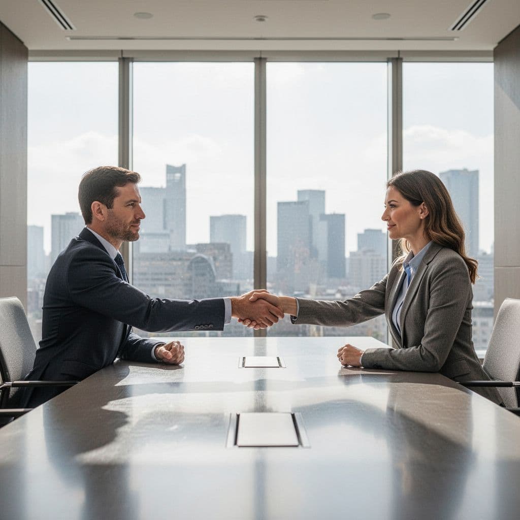 Two professionals shake hands across a bright, modern conference room desk.