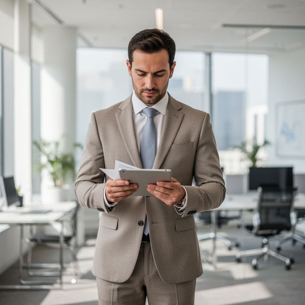 A focused director in professional attire reviews notes on a tablet within a modern office setting.