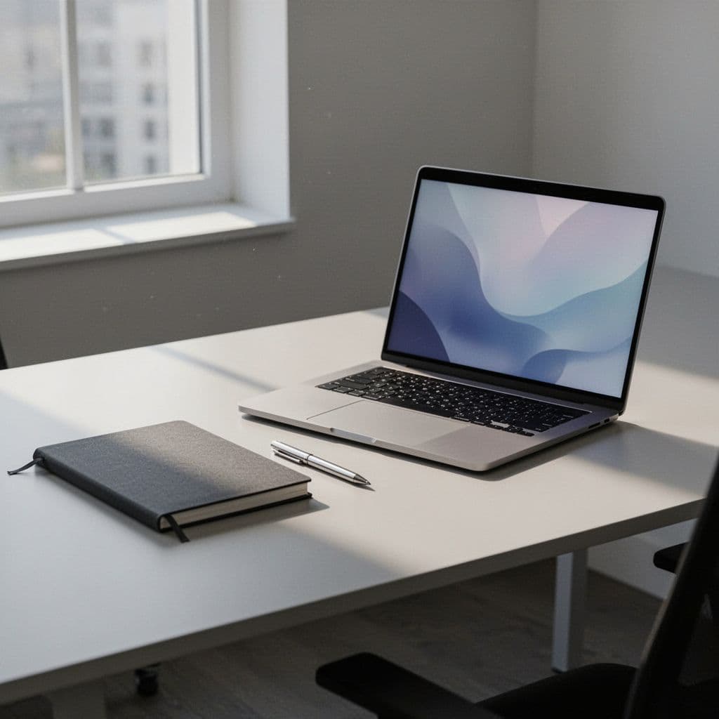 A minimalist office desk features an open laptop, a notebook, and a pen under natural daylight.