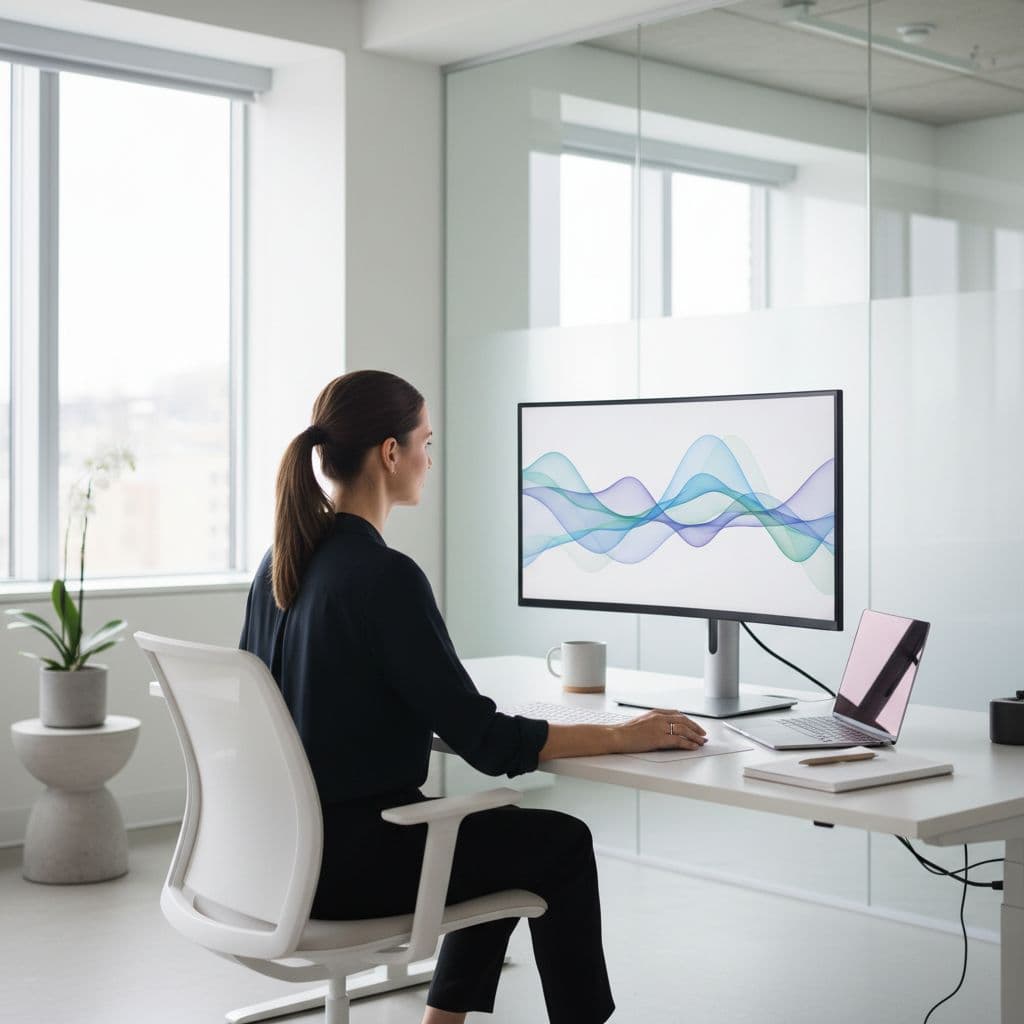 A professional sits at a modern desk reviewing digital data charts on a large computer screen.