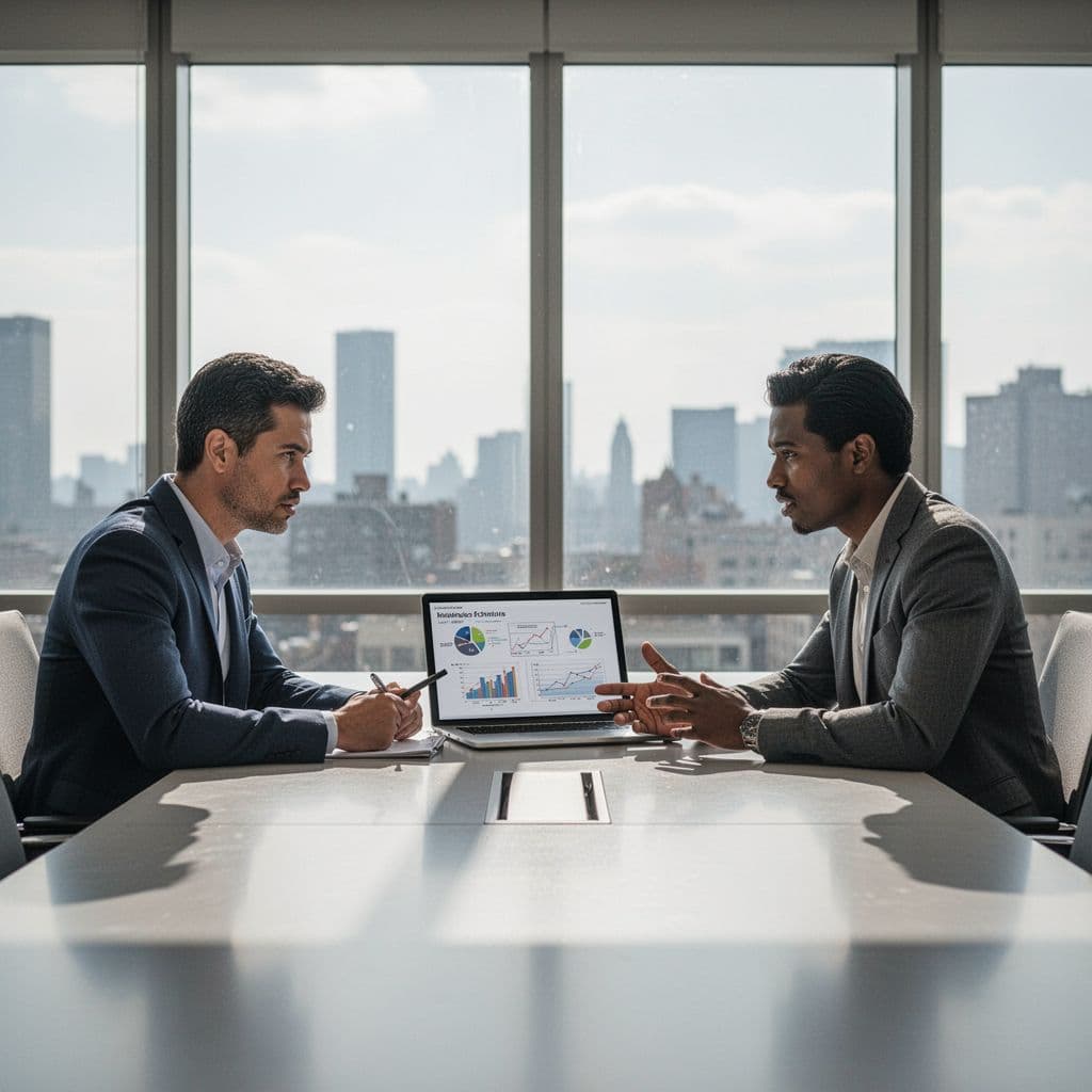 Two business professionals sit at a bright, modern table discussing strategy while using a laptop.