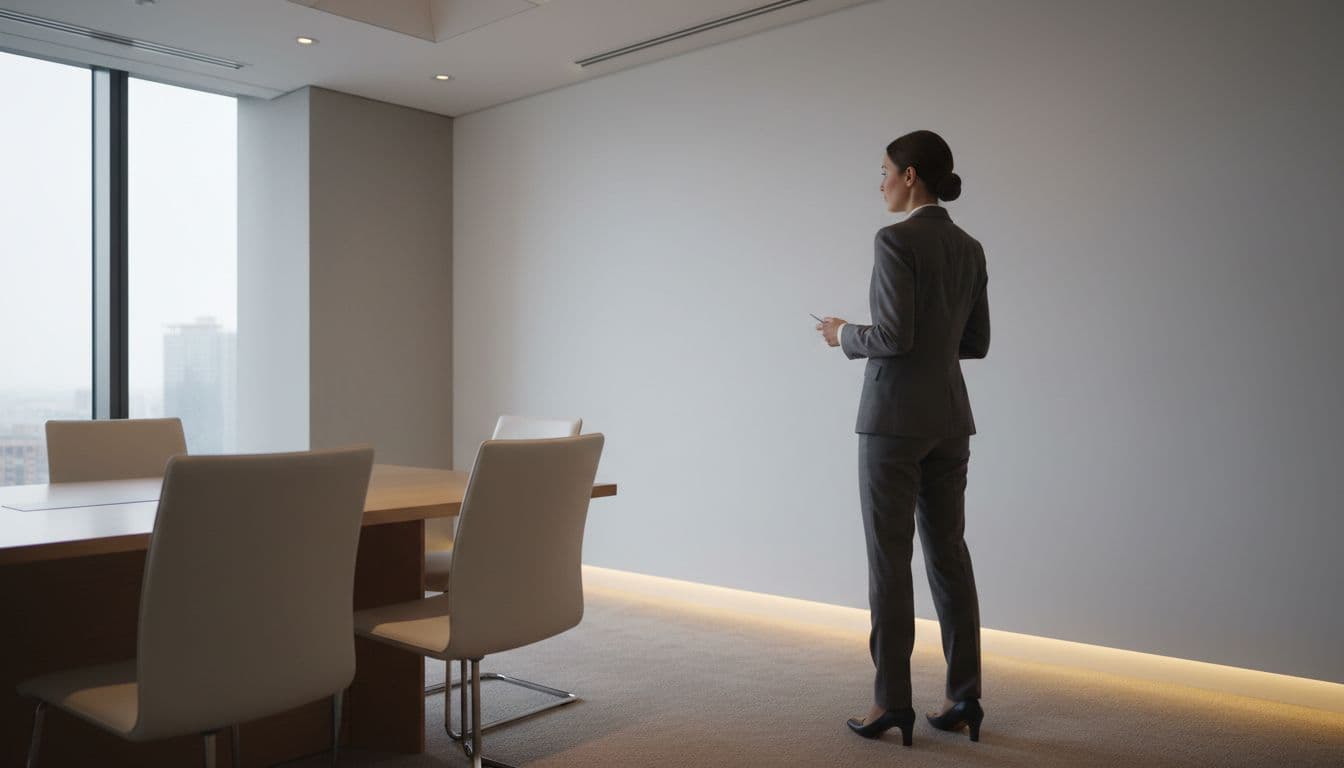 A professional in business attire stands alone in a calm, modern meeting room looking toward a wall.