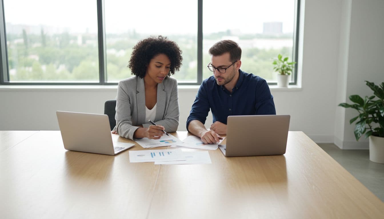 Two colleagues review documents and laptops at a wooden table in a bright, modern office.