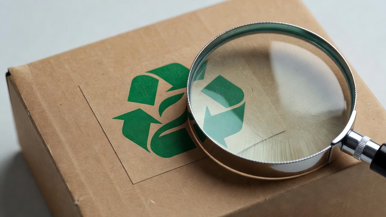 A metal magnifying glass rests on top of a textured paper package, highlighting a printed green environmental symbol. Harsh lighting casts shadows across the surface, emphasizing the investigative research process.