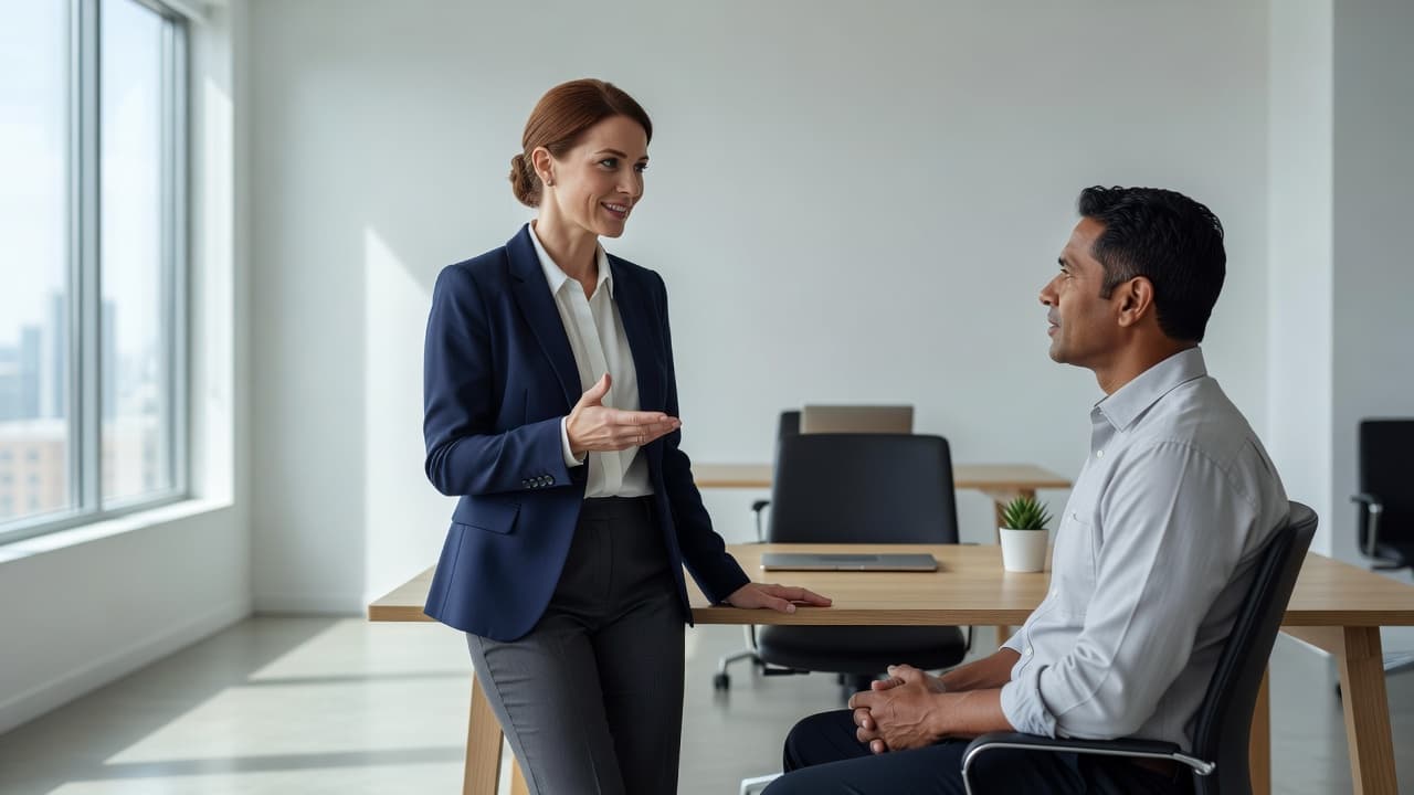 A focused professional gestures while speaking to a colleague in a minimalist, light-filled office. The clean environment promotes trust and open dialogue, highlighting a calm and confident interaction between coworkers.