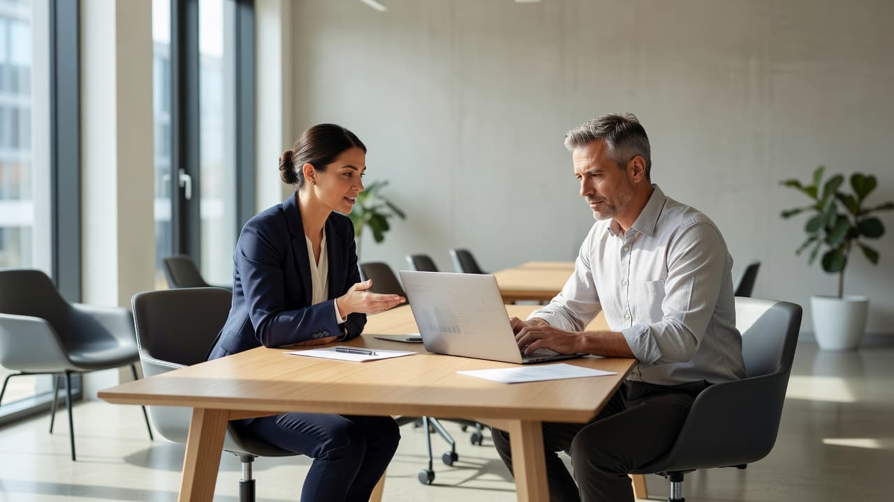 Two business professionals sit at a sleek glass table reviewing a laptop screen during a strategy session. Natural light fills the modern office space, highlighting the clean, minimalist interior design details.