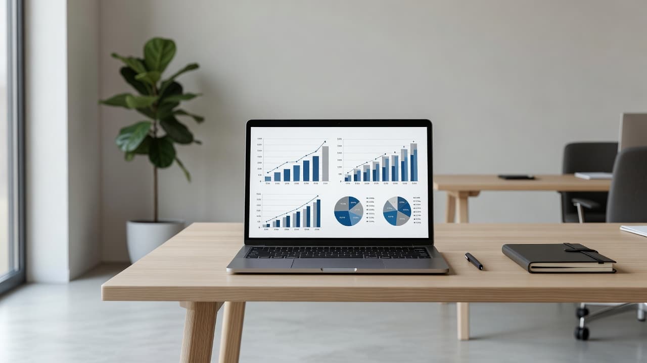 En ryddelig skrivebordsplads med en bærbar computer, der viser komplekse grafer og tal på skærmen. Naturligt dagslys strømmer ind i lokalet og skaber en professionel atmosfære for effektiv måling af strategisk kommunikation.