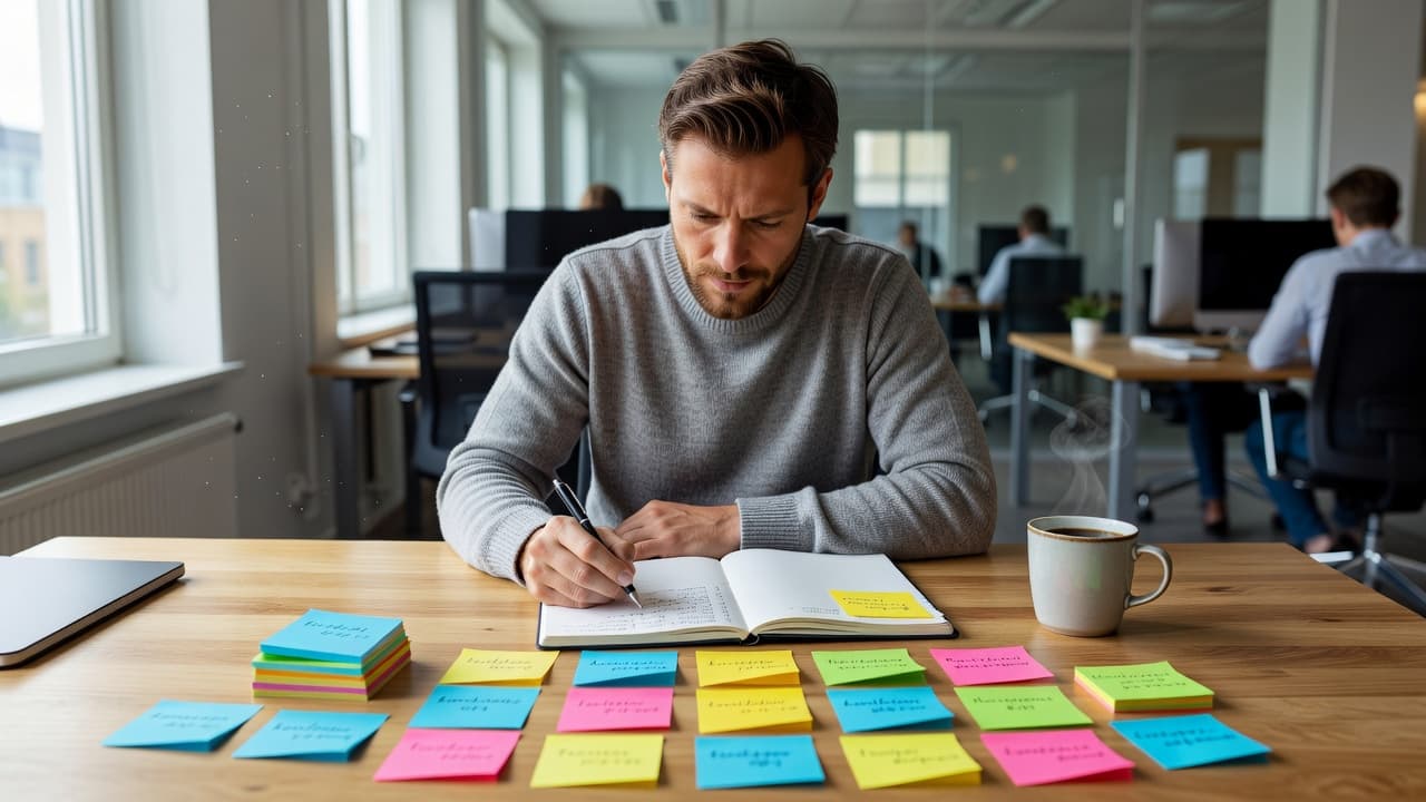 En dedikeret person sidder ved et skrivebord dækket af farverige post-its og en notesbog. En varm kop kaffe står ved siden af, mens dagslyset oplyser det professionelle og strukturerede kontormiljø.