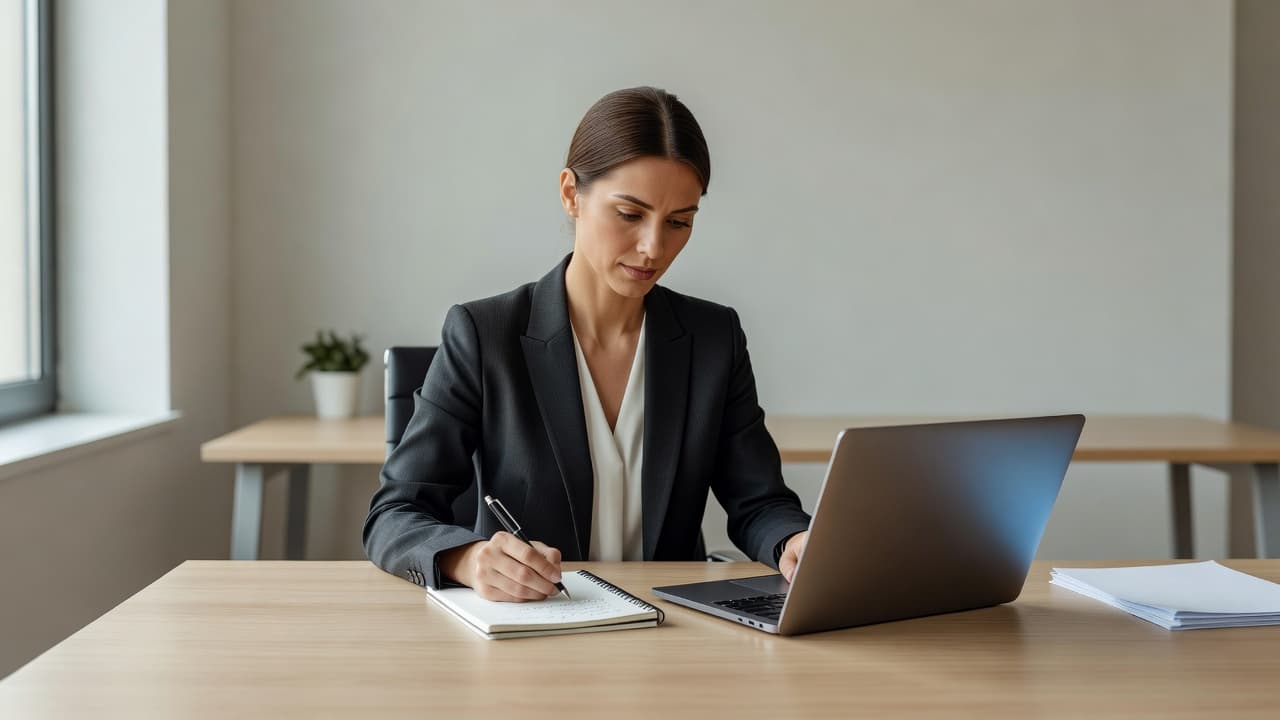En kvinde sidder ved et ryddeligt skrivebord og arbejder fokuseret på sin bærbare computer, mens hun gør notater i en blok. Blødt naturligt lys strømmer ind gennem et stort vindue ved siden af hende.