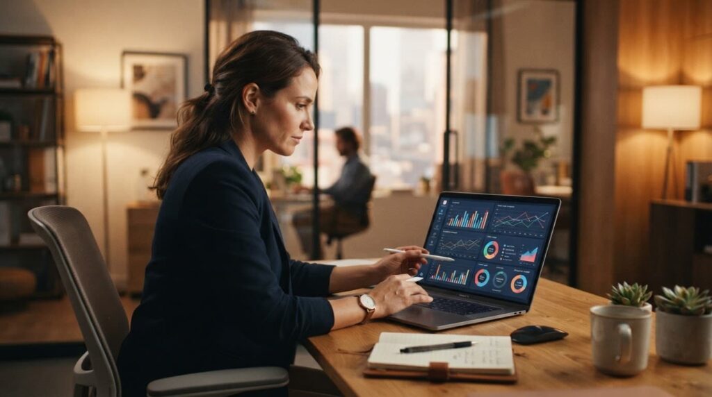 En person analyserer diagrammer på en laptop i et varmt oplyst kontor.