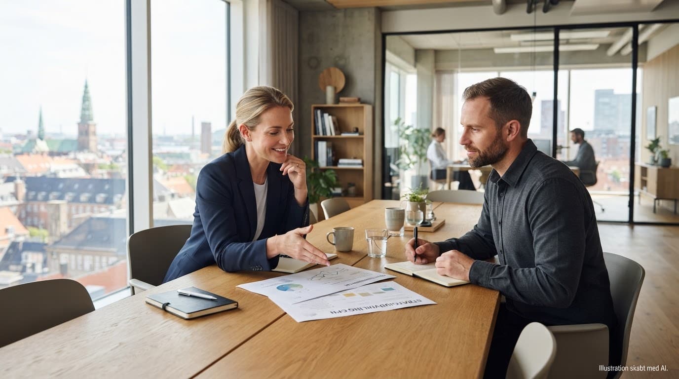 To personer drøfter idéer ved et træbord i et lyst, moderne kontor.