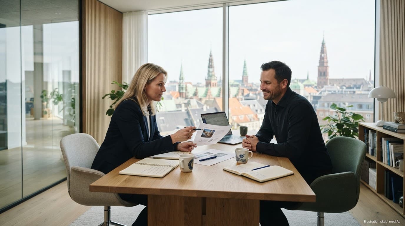 To rådgivere drøfter strategi ved ét skrivebord i et lyst københavnsk kontor.