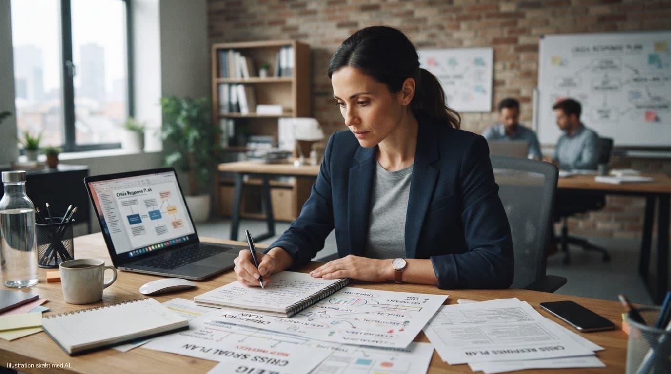 En person arbejder ved et skrivebord med noter og en computer i et roligt kontor.