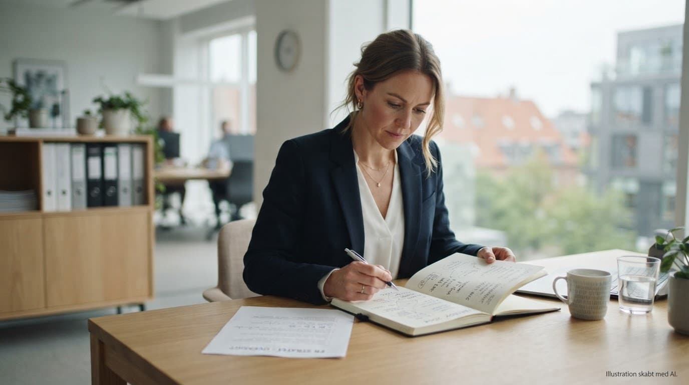 En professionel gennemgår strateginoter ved et skrivebord i et lyst kontor.