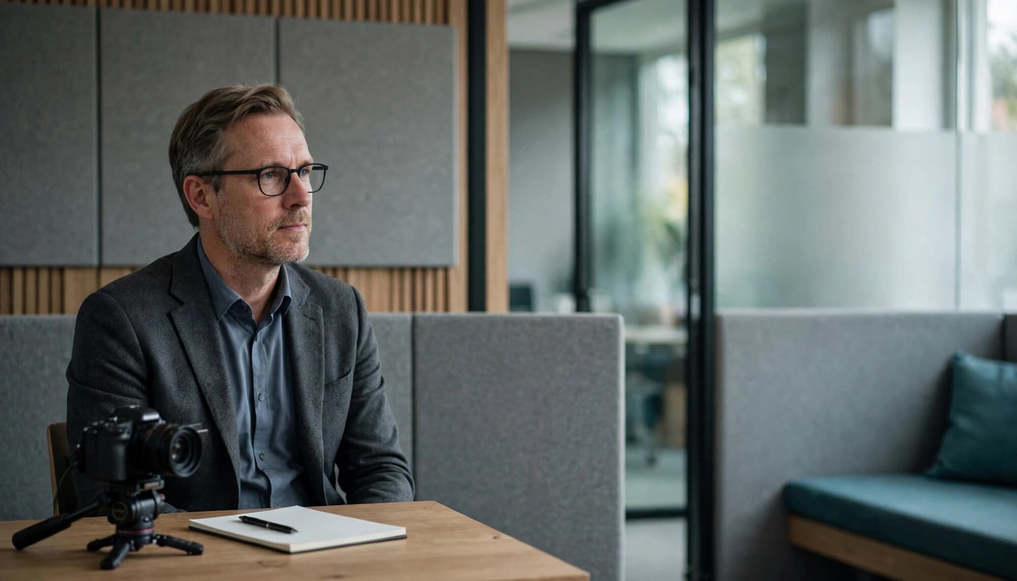 En dansk talsperson sidder ved et lille kamera og en notesblok i et lyst kontor.
