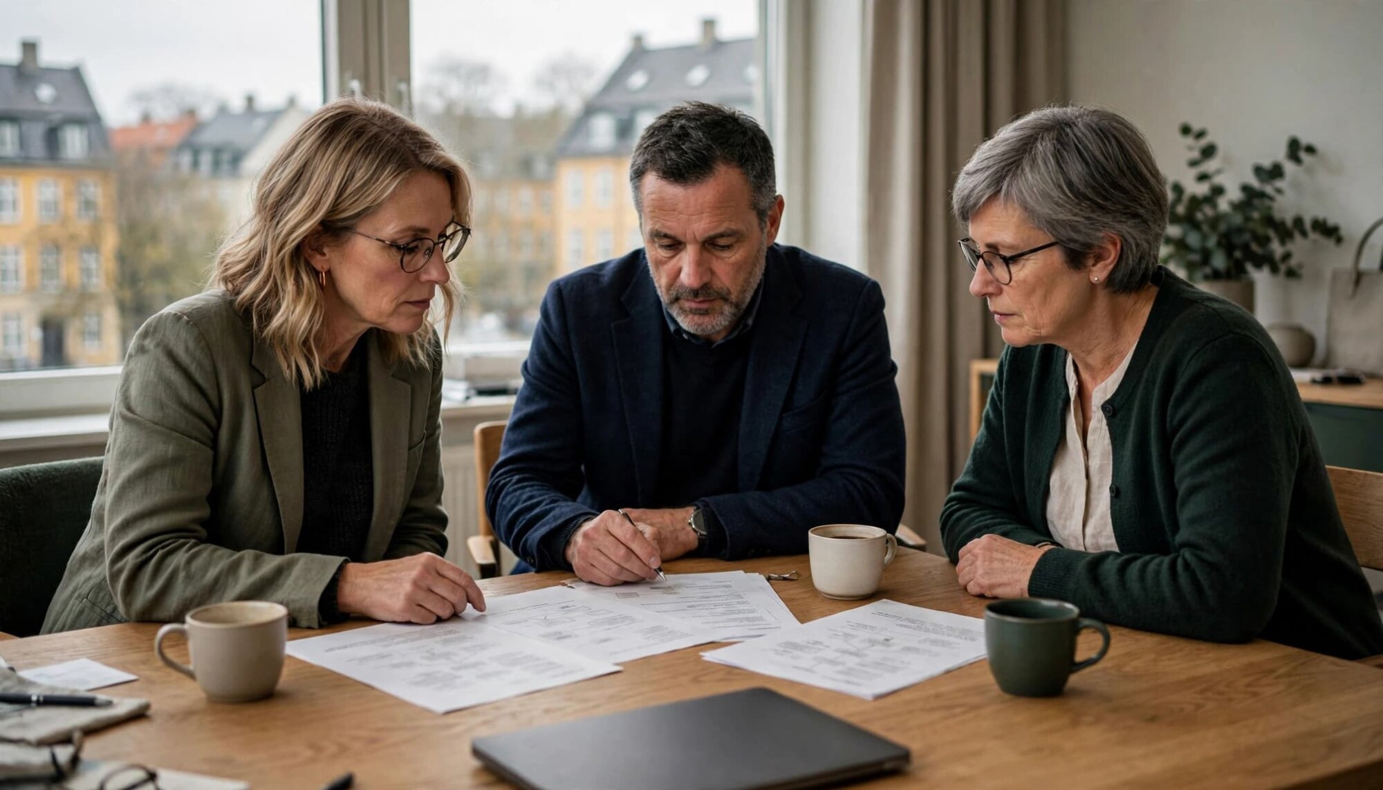 To kvinder og en mand gennemgår papirer ved et mødebord med kaffe og en lukket computer.
