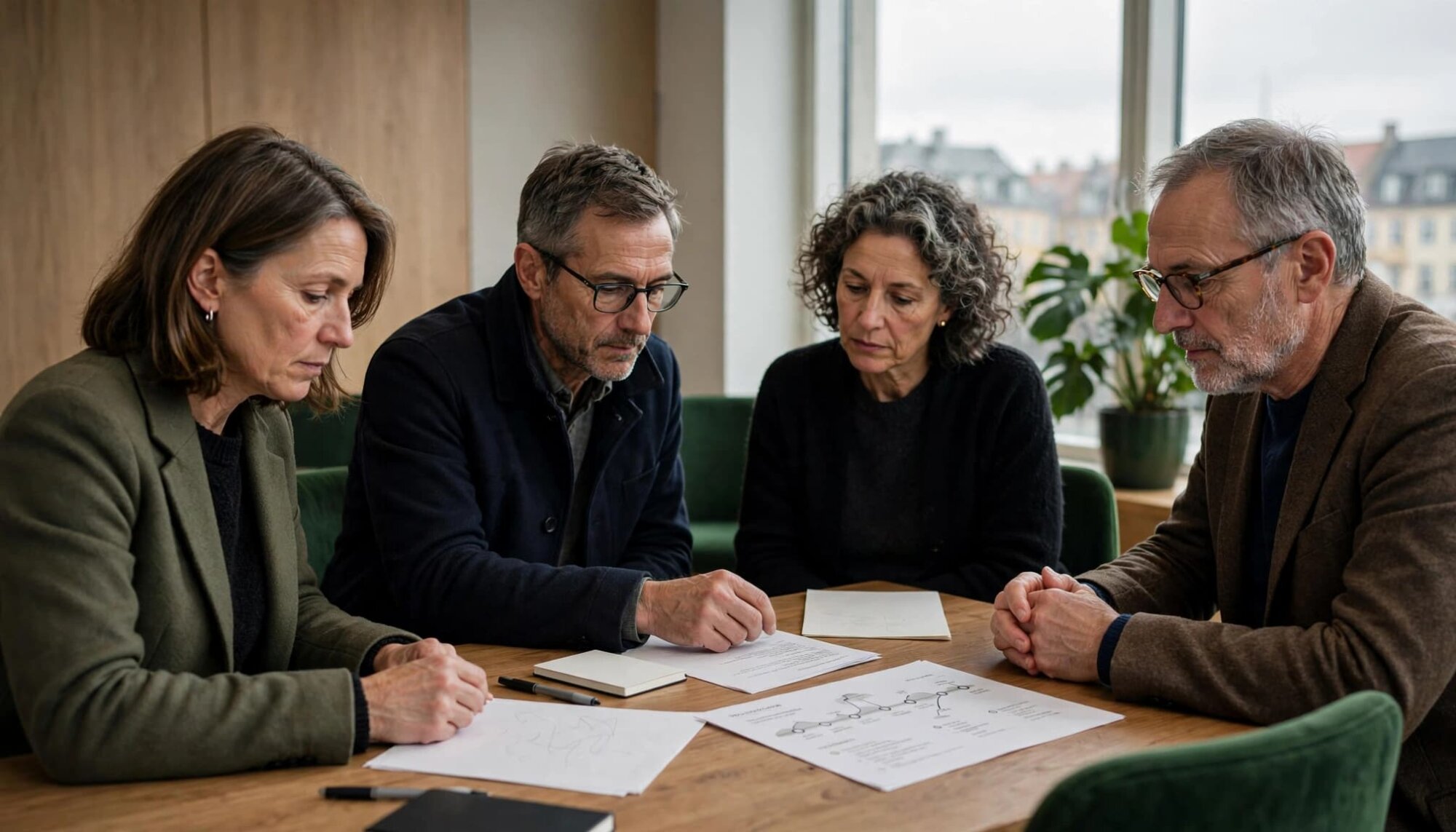 Fire kommunikationsfolk gennemgår en tidslinje og noter omkring et mødebord.