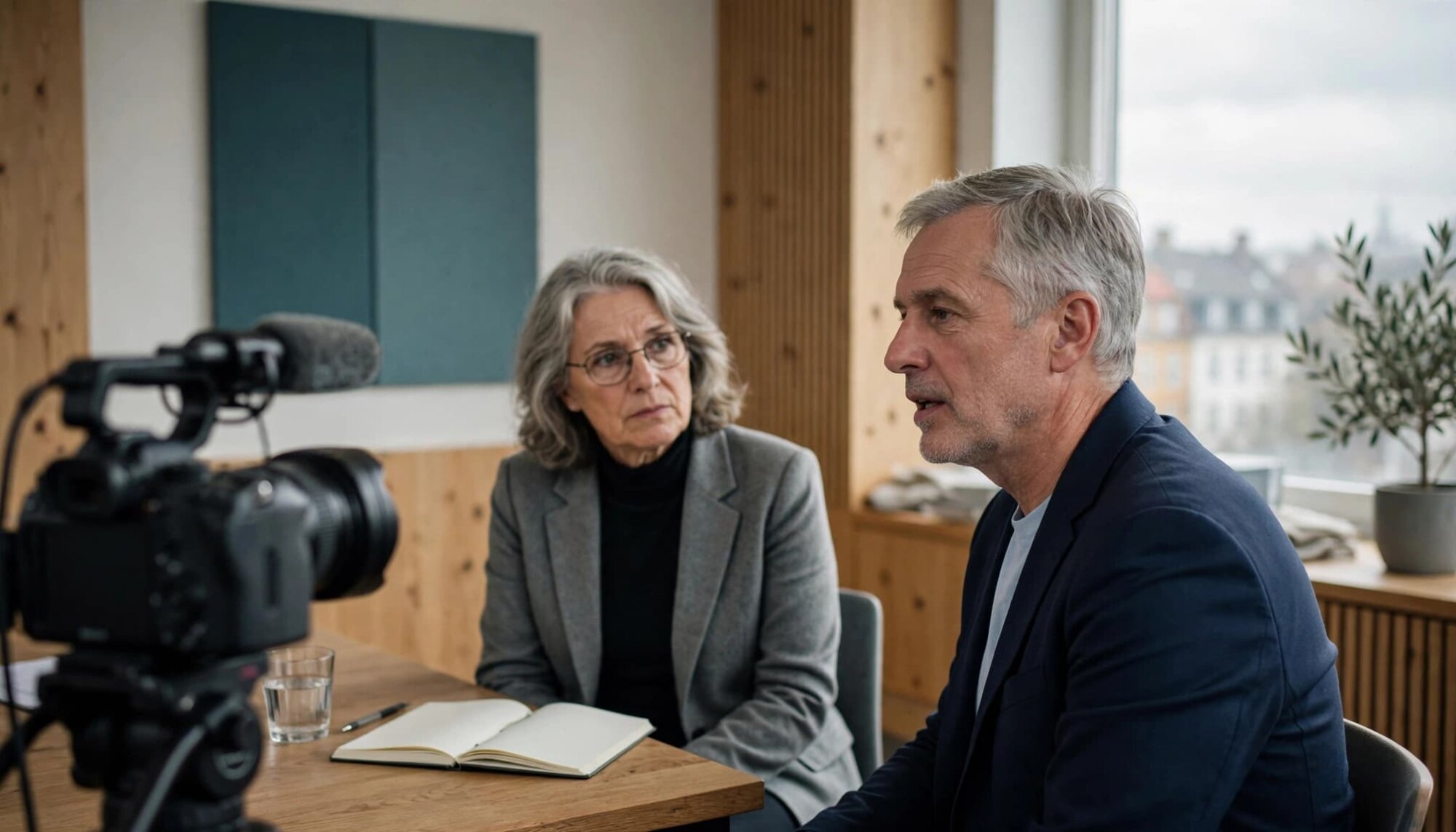 En talsperson øver en kriseerklæring med en rådgiver, mens et kamera står på stativ i forgrunden.
