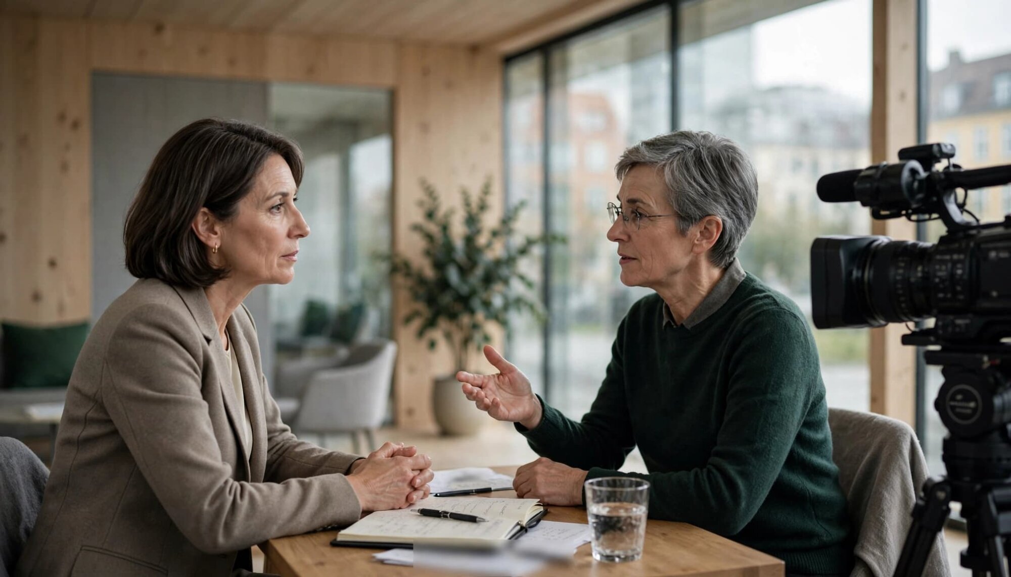 En direktør øver et interview med sin kommunikationsrådgiver foran et videokamera.