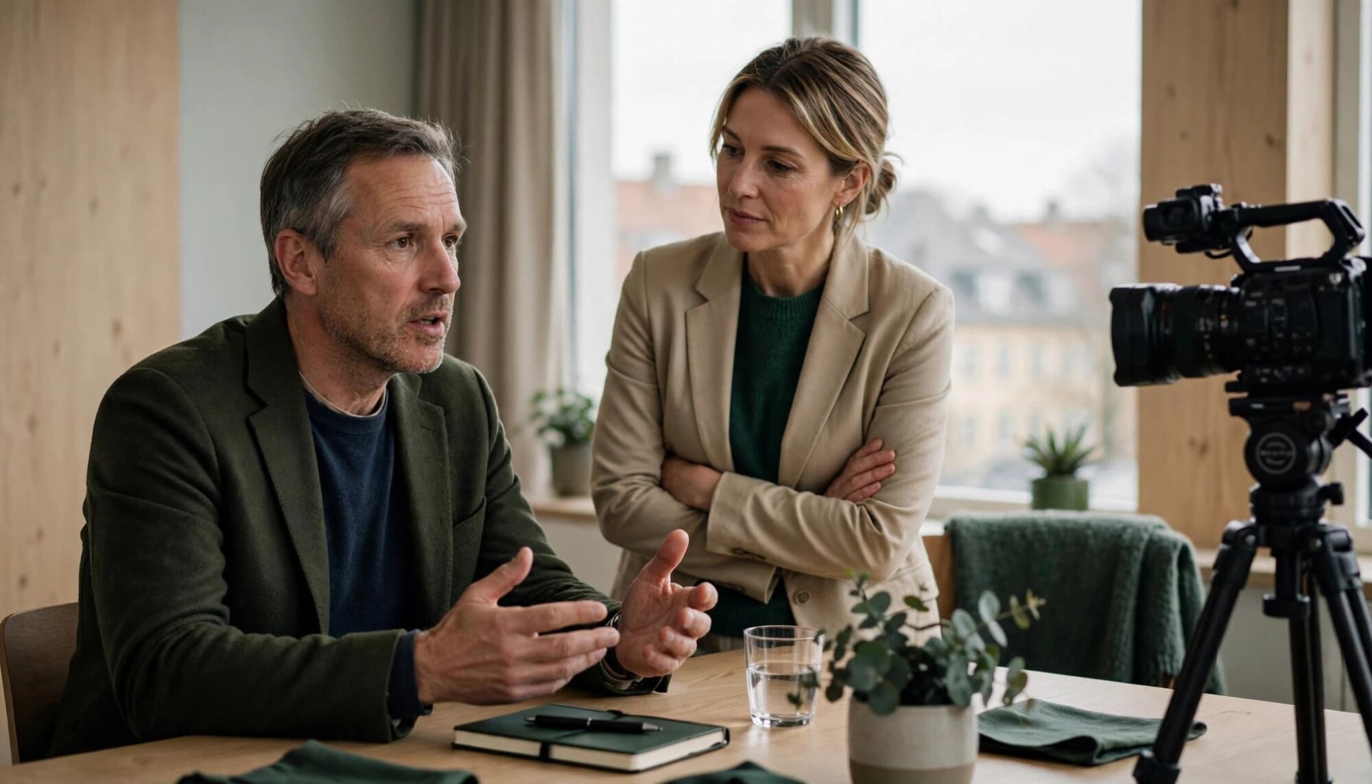 En talsperson øver sig med en rådgiver i et lyst mødelokale med et videokamera.