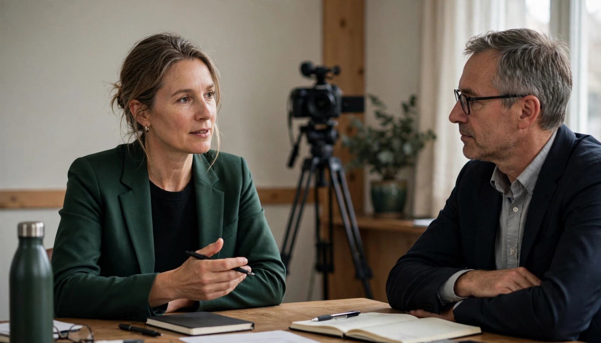 En kvinde forbereder et interview med en rådgiver, mens et kamera står i baggrunden.