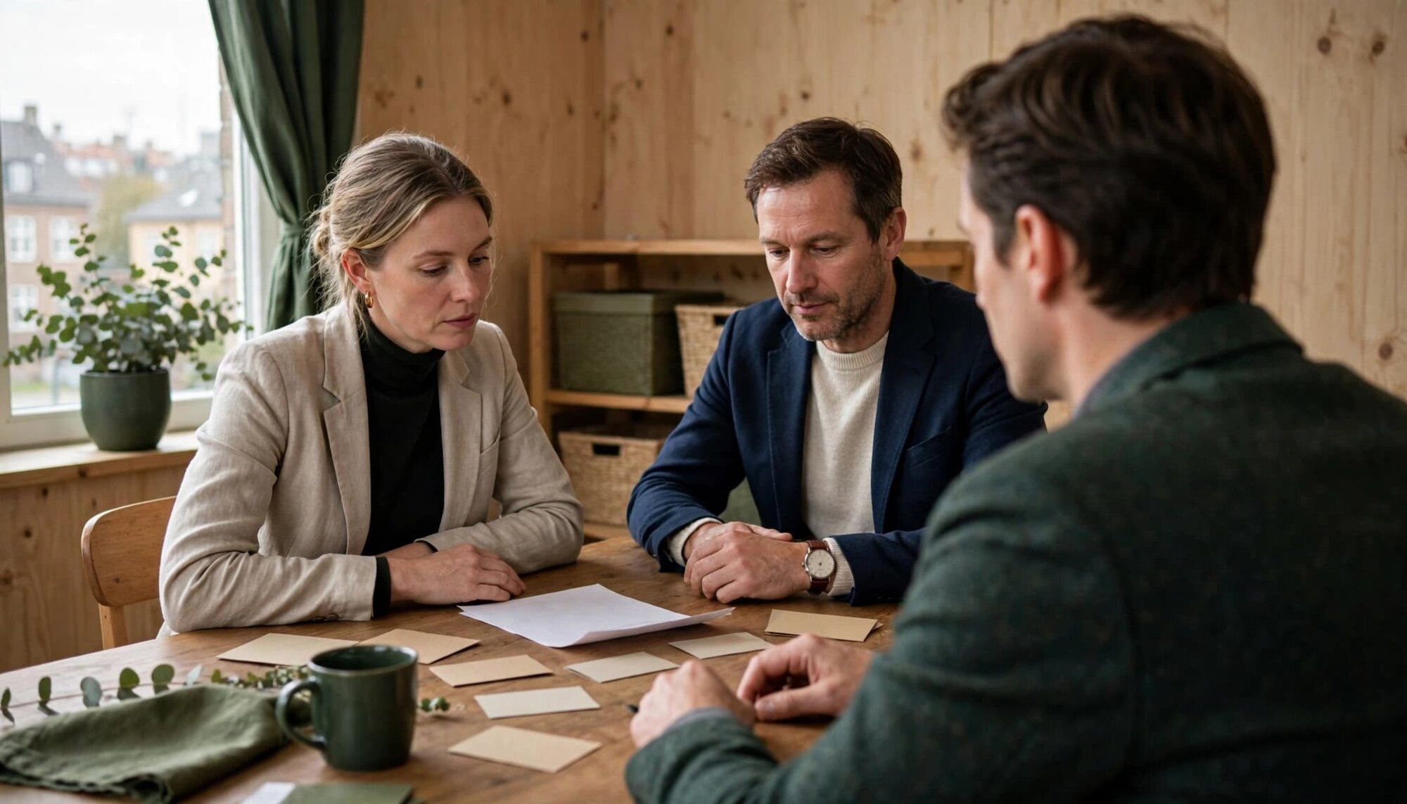 Tre personer gennemgår feedbackkort og et researchark ved et bord.