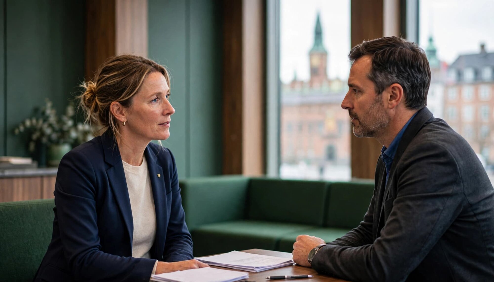 En kvinde og en mand sidder ved et bord og taler sammen i et lyst lokale.