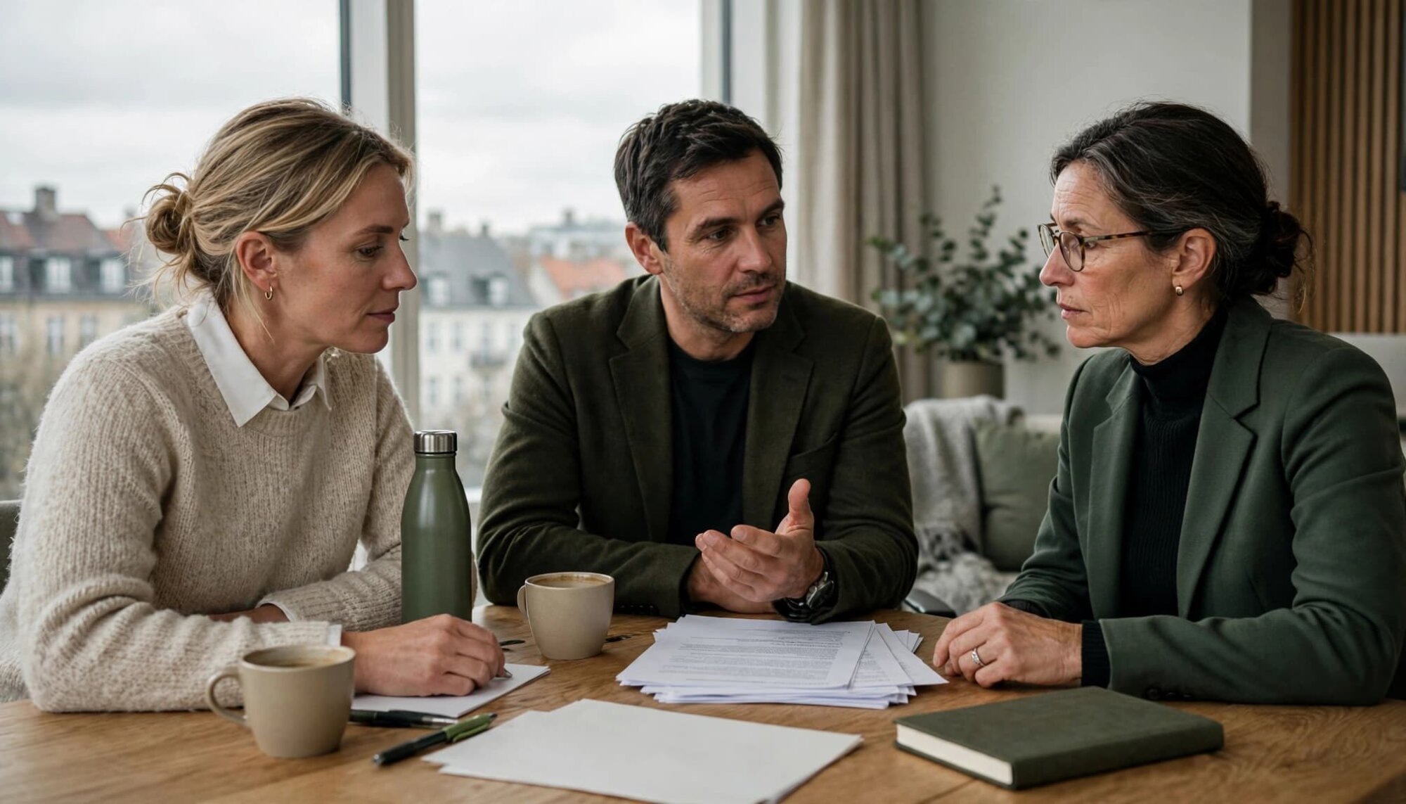 Tre personer sidder omkring et bord og taler sammen under et møde.