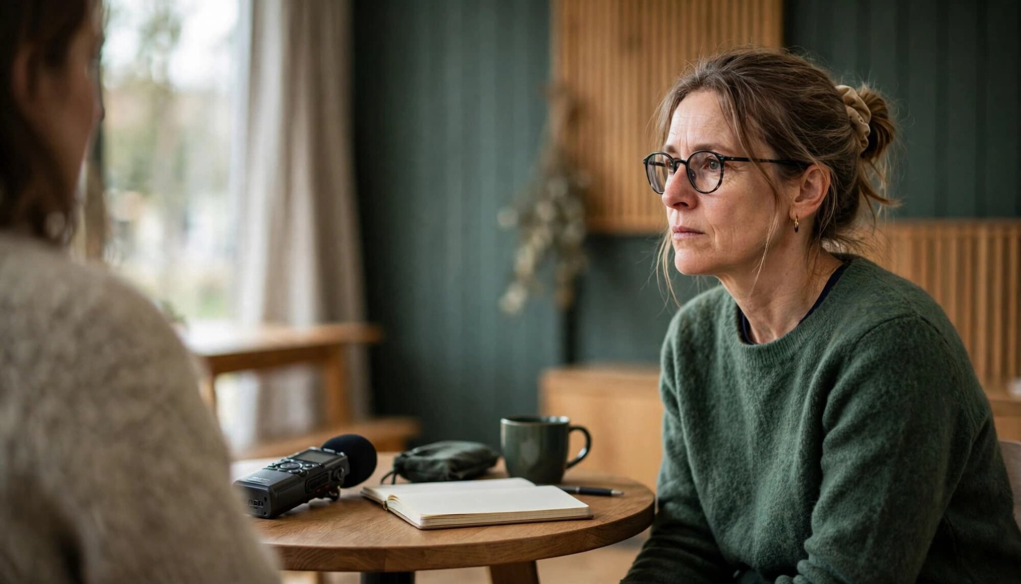 En forsker lytter til en deltager ved et bord med notesbog og lydoptager.