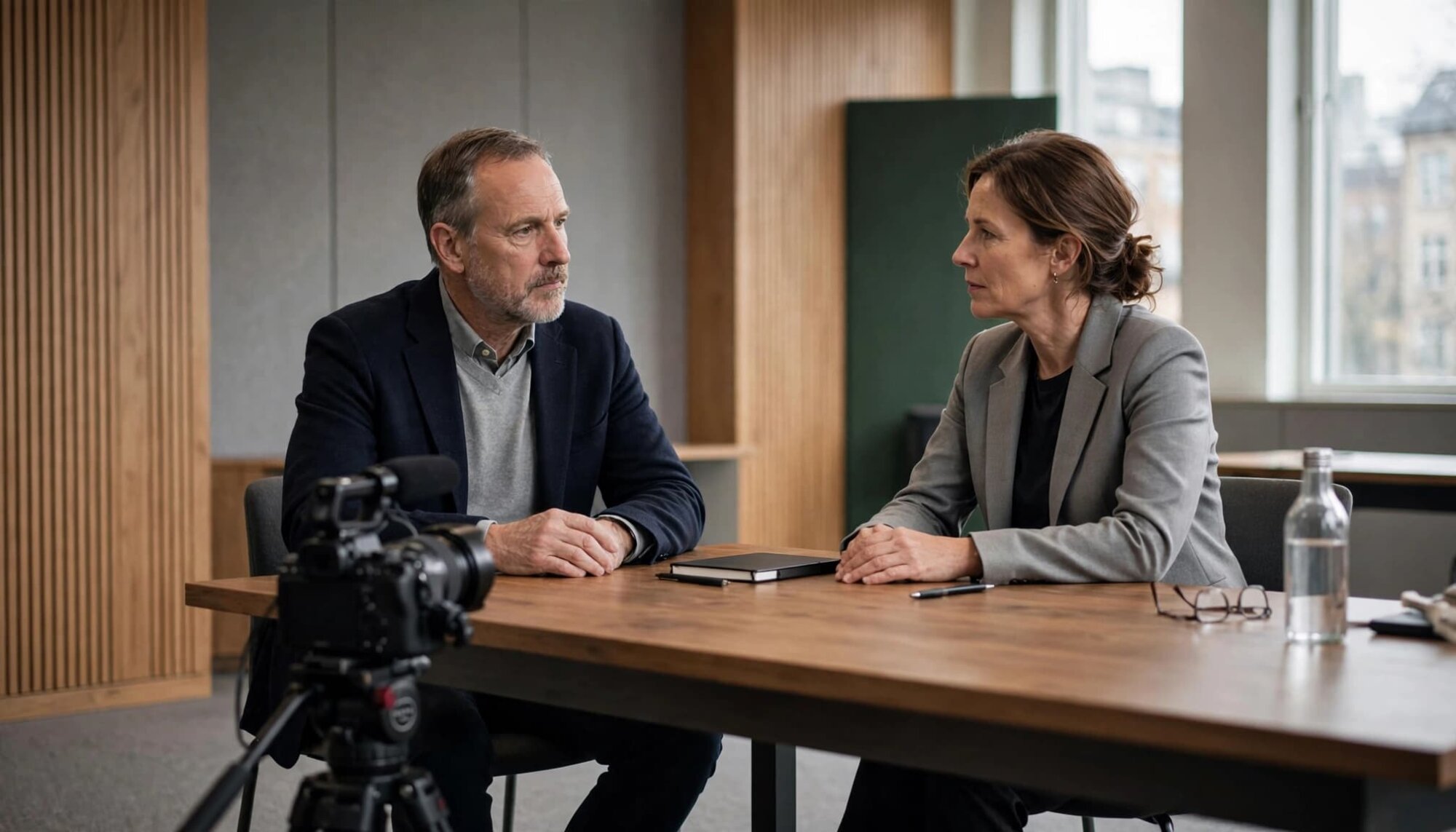 En leder og rådgiver øver interview, mens et kamera står foran dem.