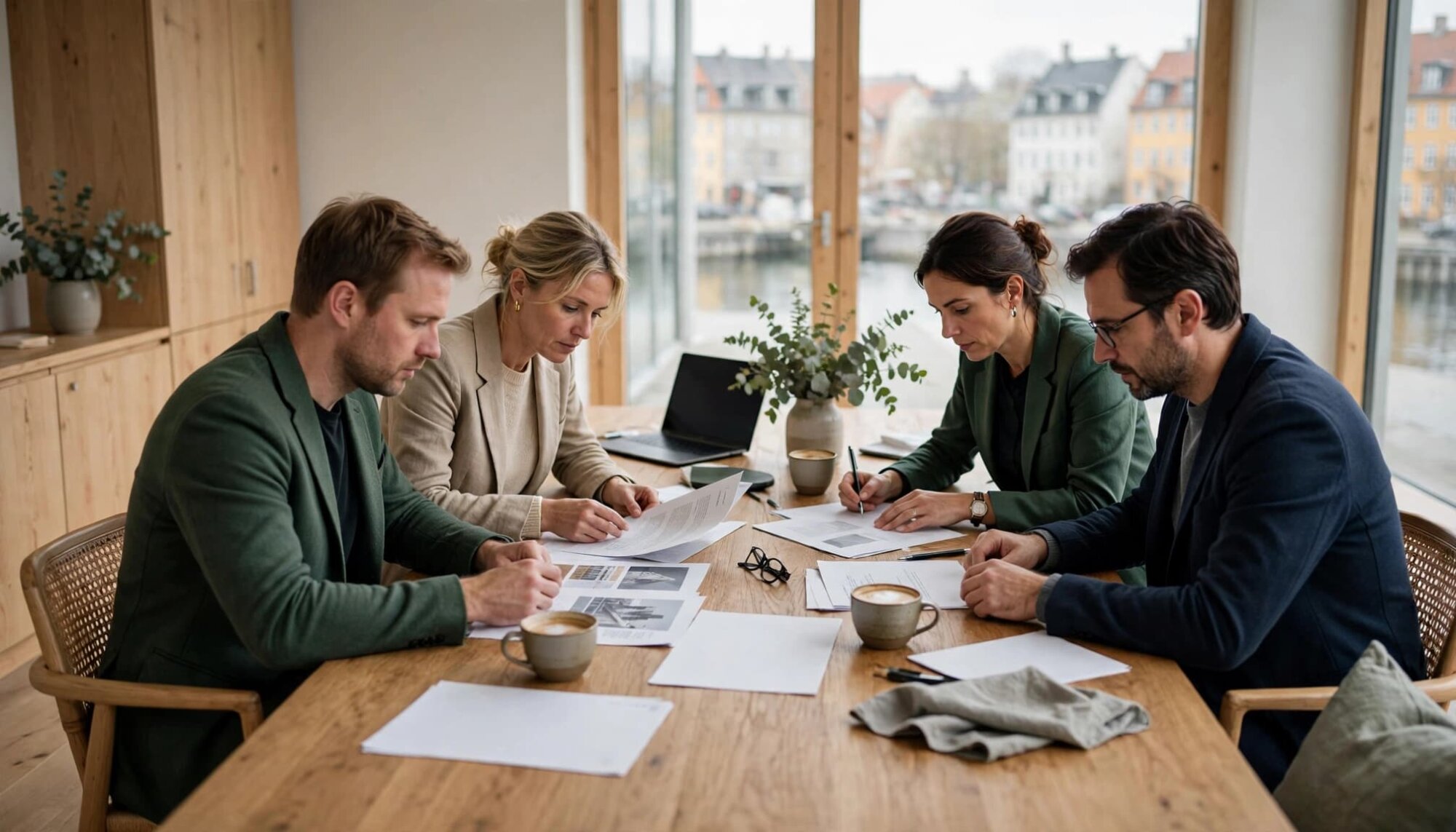 Fire personer sidder omkring et bord og gennemgår dokumenter på et lyst kontor.