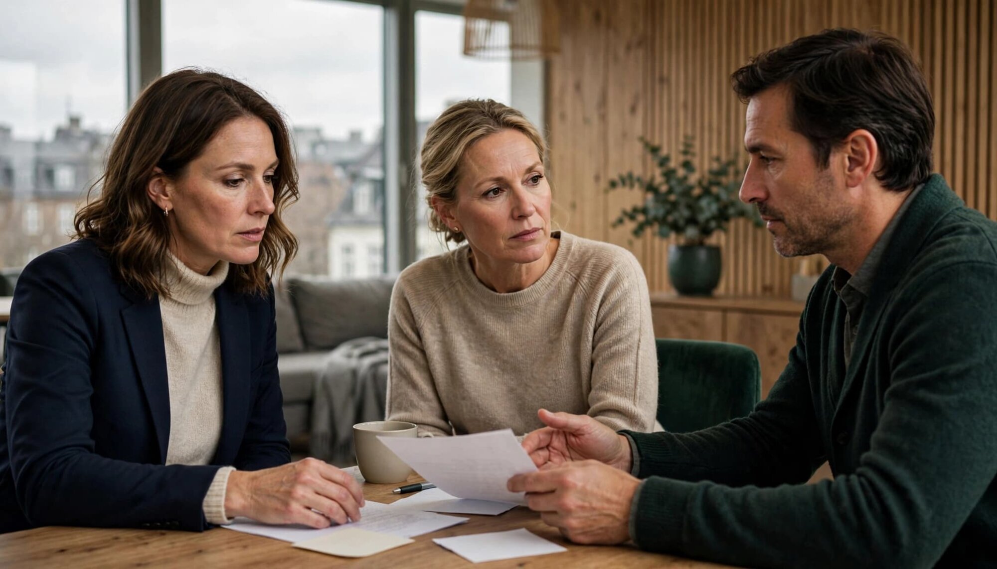 Tre personer sidder ved et bord i et moderne kontor og taler sammen.