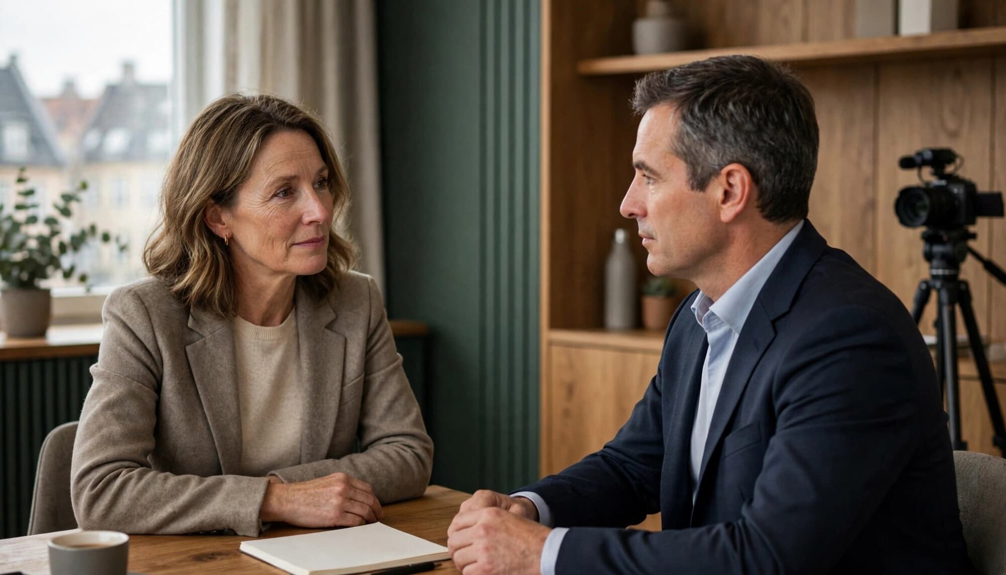 En rådgiver giver en talsperson feedback før et interview.