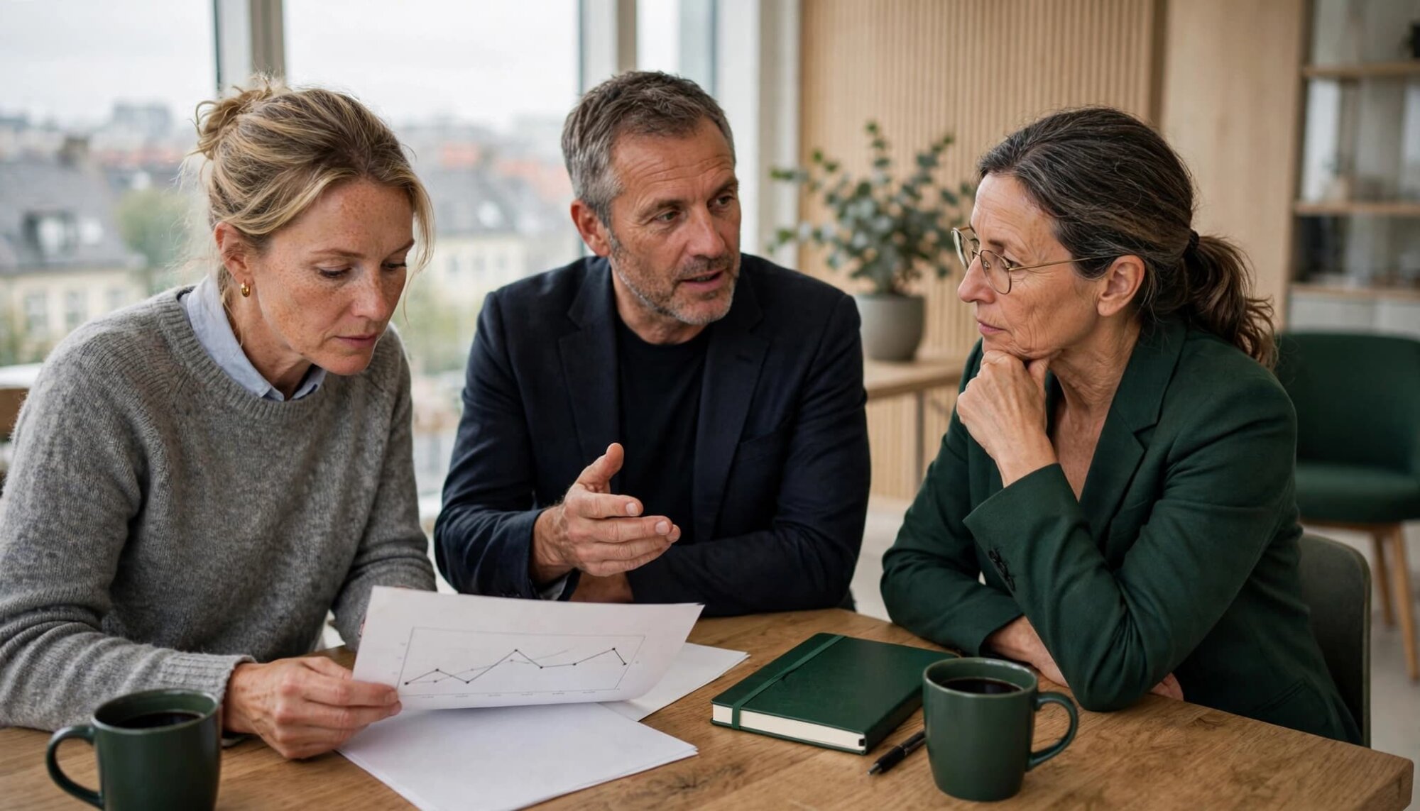 Tre kolleger gennemgår en rapport og drøfter et diagram omkring et mødebord.