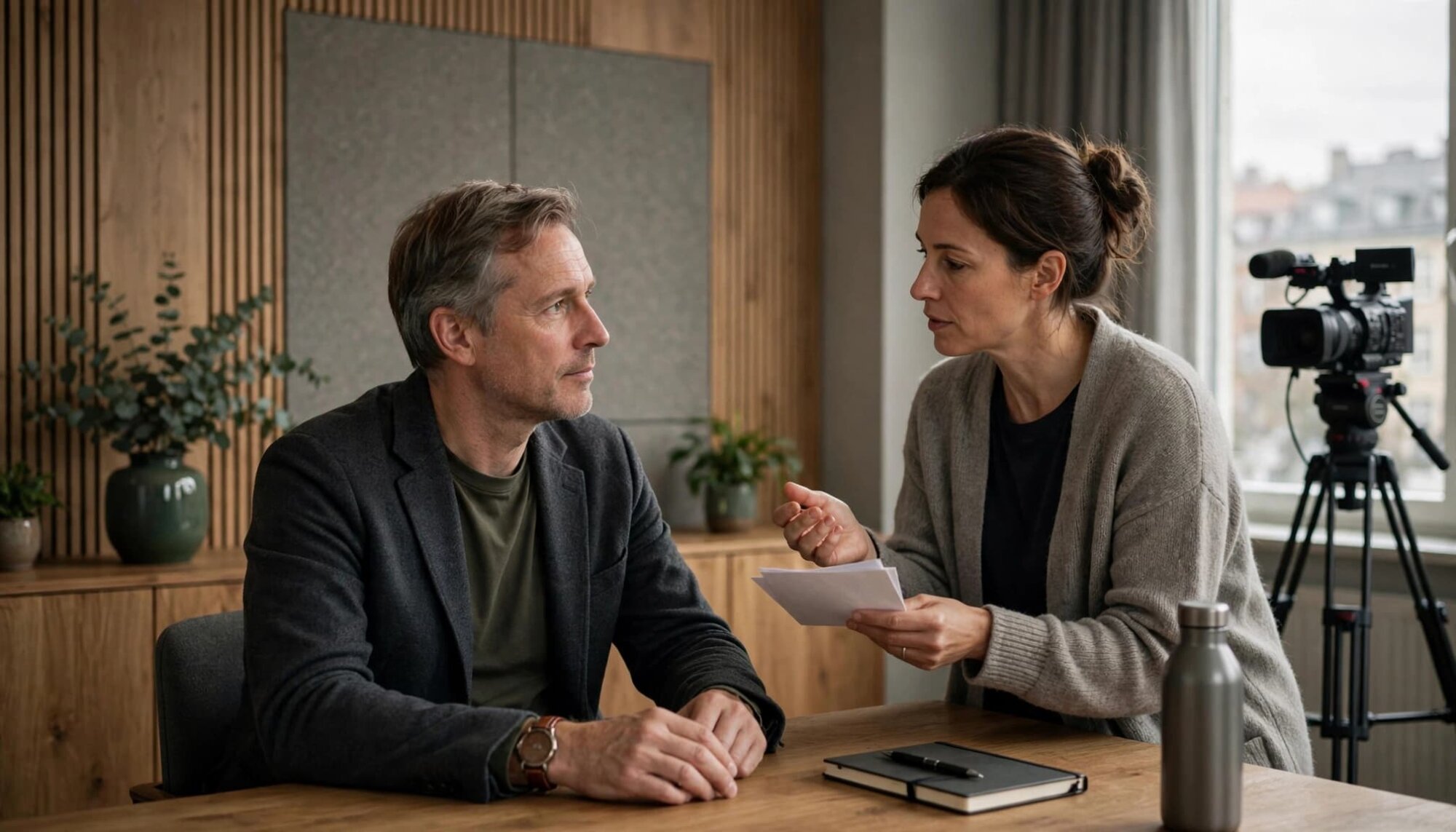 En rådgiver hjælper en talsperson ved et mødebord, mens et videokamera står på afstand.