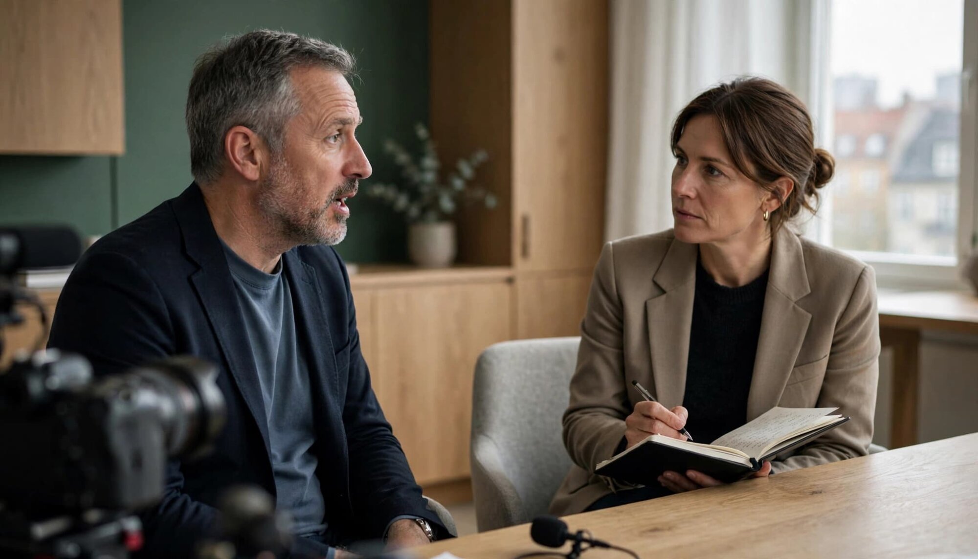 En talsperson øver et interview med en rådgiver i et mødelokale.