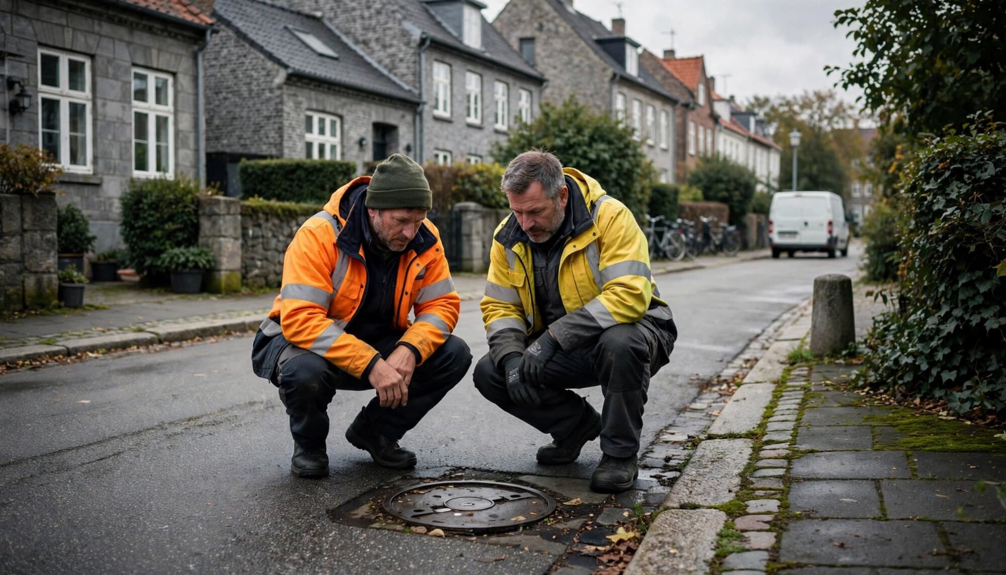 To teknikere undersøger et ventildæksel på en stille gade med en servicevogn i baggrunden.